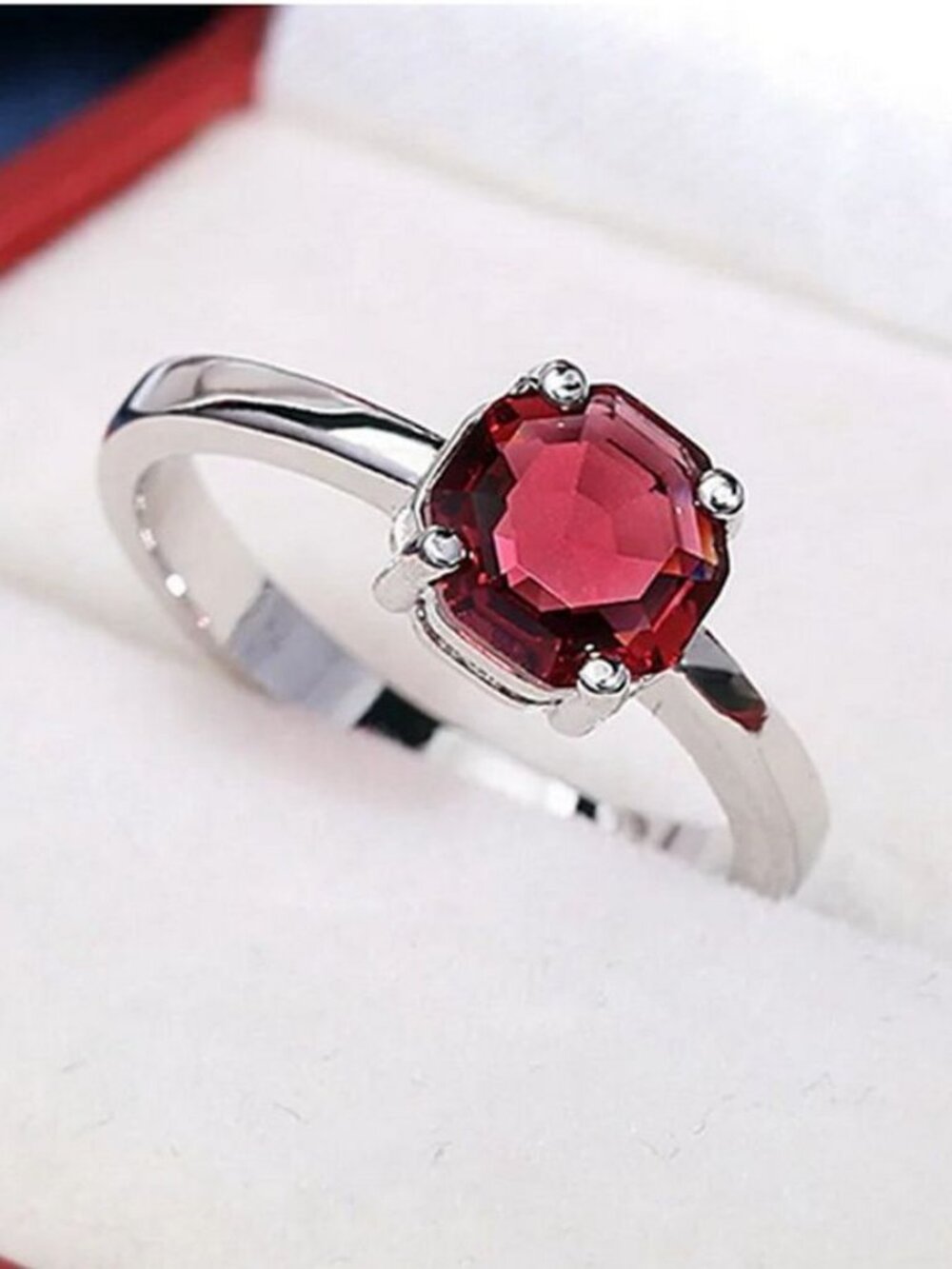 Cecilia Rose Womens Red Octagon Crystal Silver Ring Size 8 Gift Boxed